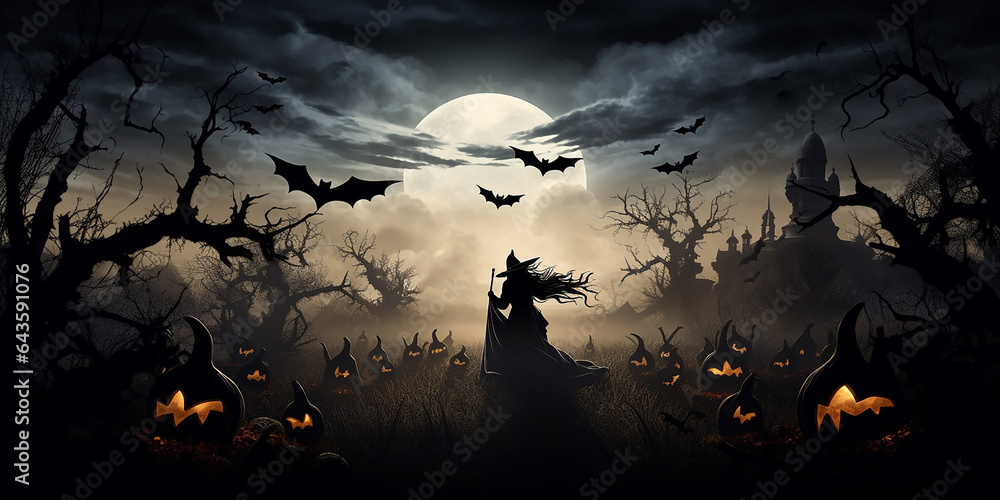 a witching hour backdrop with a full moon, flying bats, and silhouetted witches.  - obrazy, fototapety, plakaty 