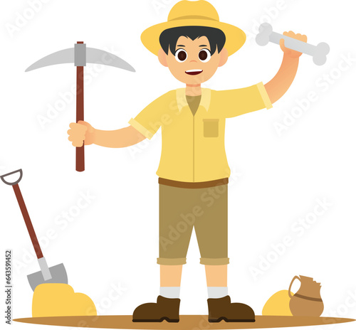 illustration of a smiling archaeologist holding a pickaxe