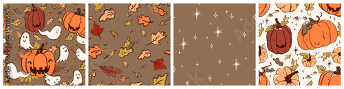 Vector set of Halloween party seamless pattern Cutest pumpkins, cat, funny ghost, autumn leaves.