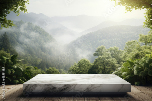 White Marble Podium with Forest and Mountain Background