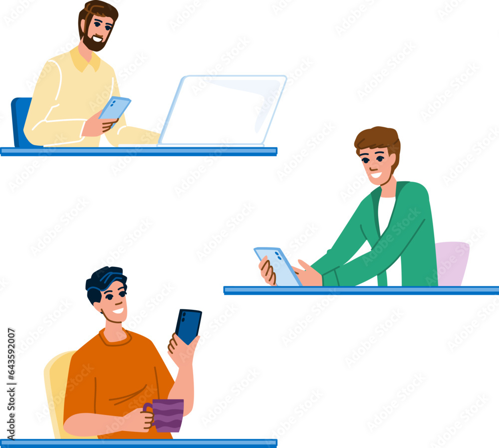work man using phone table vector. business internet, laptop technology, screen smart work man using phone table character. people flat cartoon illustration work man using phone table vector. business internet, laptop technology, screen smart work man using phone table character. people flat cartoon illustration
