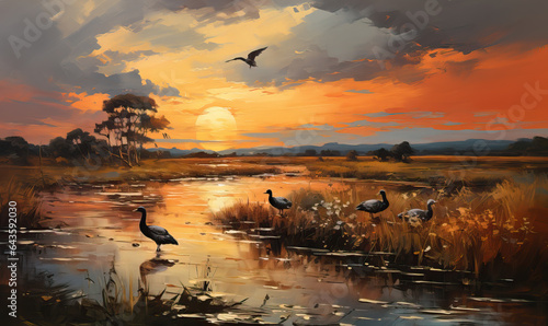 Autumn natural landscape, waterfowl on the lake.