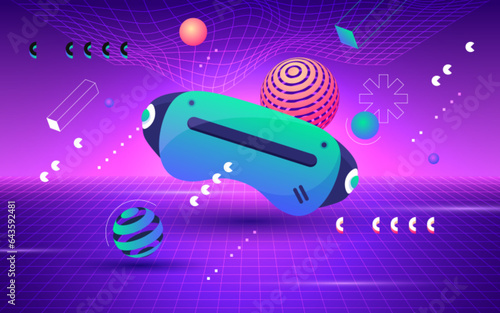 Metaverse concept. VR glasses for gaming with objects floating around on purple background. Virtual reality, future digital technology vector illustration. Futuristic life and modern device