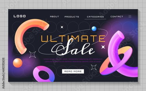 Modern gradient sale banner with color glowing geometric shapes. Trendy landing page template with flying 3d objects different forms. Flyer or poster with design elements and defocus effect backdrop