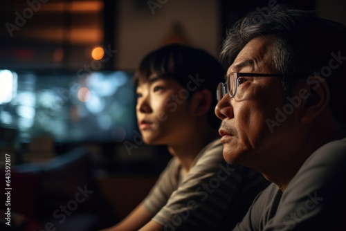 An adult child and father watching a movie or sports game together at home in a comfortable living room or entertainment area, relaxed and enjoyable moments of shared entertainment. Generative AI