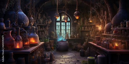 a witch's lair with bubbling cauldrons, potion ingredients, and magical artifacts.  photo