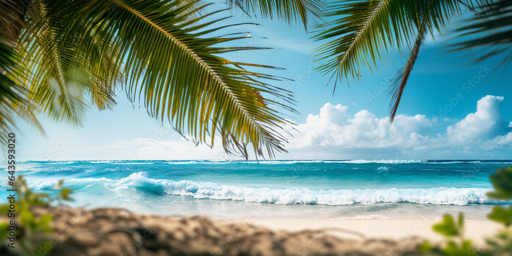Tropical beach panorama view, coastline with palms, Caribbean sea in sunny day, summer time, Tropical seascape with Palm trees. Background of summer beach, white sand coastline.