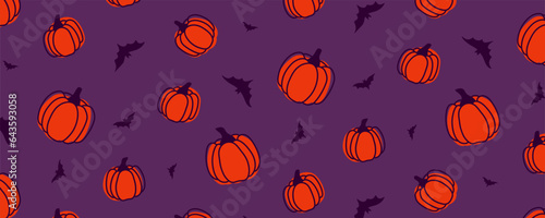 Halloween pumpkin harvest bat treat sweet or nasty autumn holiday dead orange purple violet pattern seamless repeat paraphernalia set supernatural wallpaper wrap textile clothing rite religion harvest