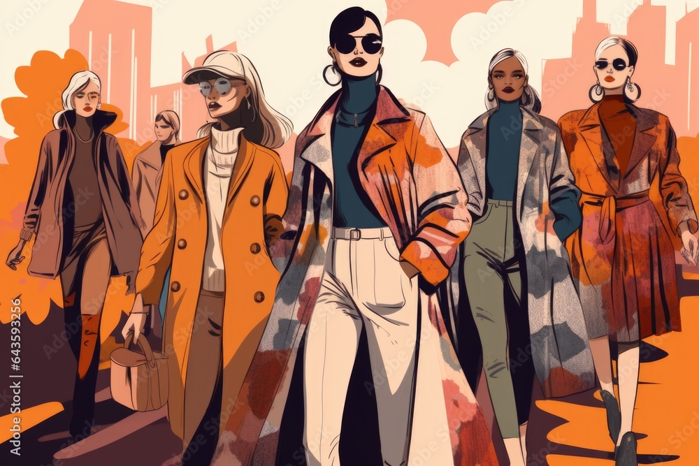 Fototapeta premium A fall fashion runway, showcasing models in stylish outfits inspired by autumn palettes and trends. Generative AI.
