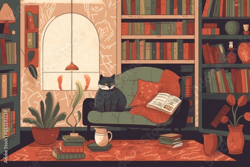 A cat sitting on a bookshelf, surrounded by books, representing the intellectual and curious side of cats. Cozy reading nook with a comfortable chair and a warm lamp. Generative AI.
