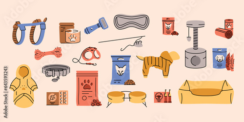 Goods for pets colorful icons. Pet shop concept.