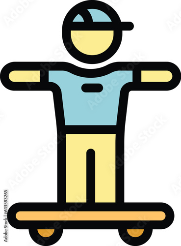Child on longboard icon outline vector. Skate equipment. Wood sport color flat