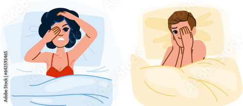 bed sleep disorder vector. awake night, anxiety woman, stress sad bed sleep disorder character. people flat cartoon illustration