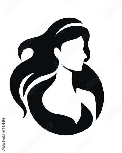 Elegant luxury logo with beautiful face of young adult woman with long hair. Sexy symbol silhouette of head and text lettering Beauty cosmetics on white background for hair dress, SPA salon