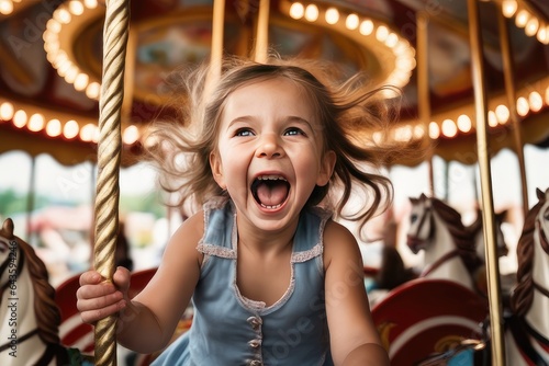 happy child playing carousel in the amusement park © drimerz
