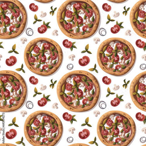Seamless pattern with Pizza Margherita with tomatos and mozzarella. Italian cuisine, healthy food, cooking, restaurant menu, eating, recipes concept. Vector illustration