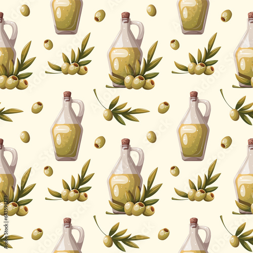 Seamless pattern with Glass bottle with olive oil. Cooking, Organic food, Healthy eating, Italian cuisine concept. Vector illustration