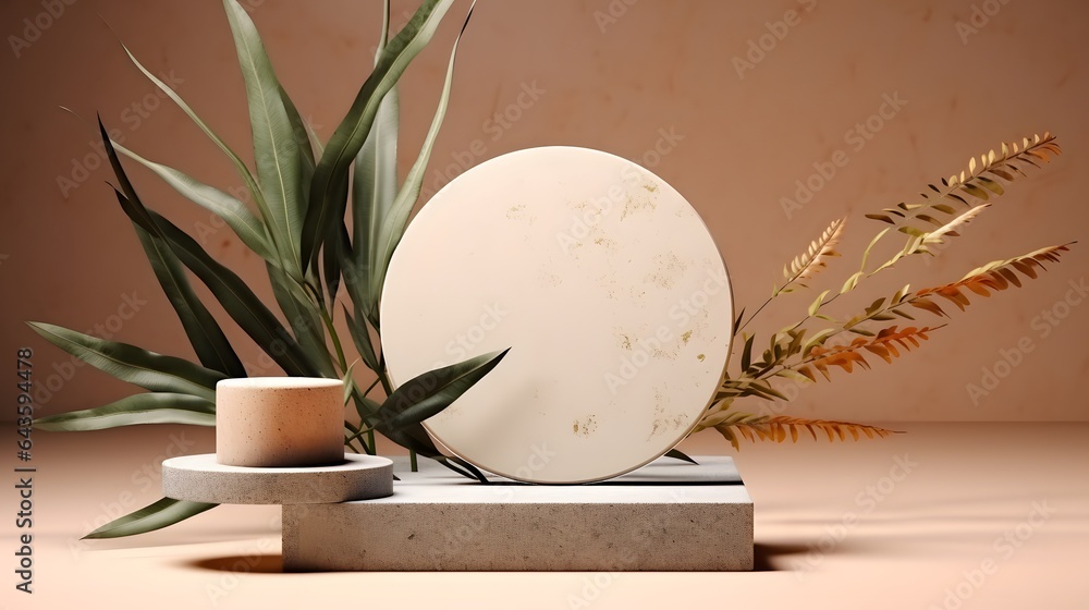 Premium podium, stand made of paper and terrazzo on pastel, light background with natural plant, leaves. Mock up for the exhibitions, presentation of products, AI Generated