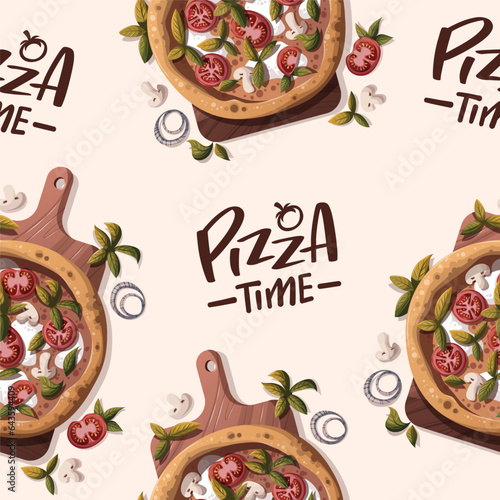 Seamless pattern with tomatos and mozzarella on the wooden board. Italian food, healthy eating, cooking, recipes, restaurant menu concept. Vector illustration.
