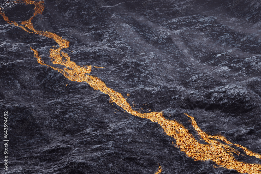 Shiny gold vein in the solid rock. Expensive noble metal. Golden ore. Render CGI