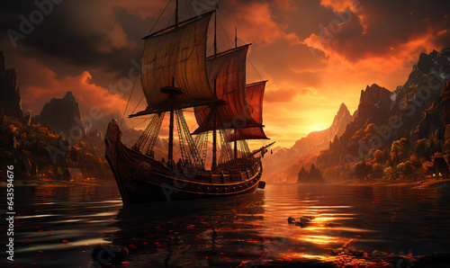 Colorful natural landscape  Viking ship under sail.