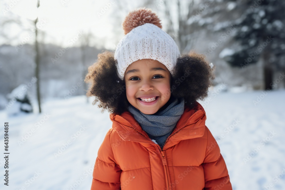 Portrait of happy positive girl, African American young girl with hat is smiling at winter snowy park in snow at cold frosty day in warm clothes.