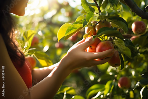 A close -up of a young woman harvesting an apple on a farm. The background of the beautiful sunlight. Production concept suitable for agriculture and industry.