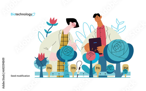 Bio Technology, Seed Modification -modern flat vector concept illustration of scientists analysing genetic modificated variants of a plant. Metaphor of direct impact of GMO on vegetation