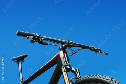 Close-up view of the handlebar of a mountain bike. MTB. Product photography