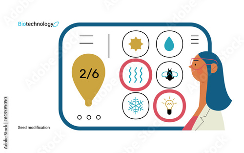Bio Technology, Seed Modification -modern flat vector concept illustration of scientists choosing features for a seed, genetic modificated variants. Metaphor of direct impact of GMO on vegetation