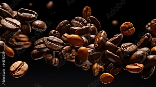 Flying coffee beans background. poster of brown coffee beans close up. Close up coffee grain background