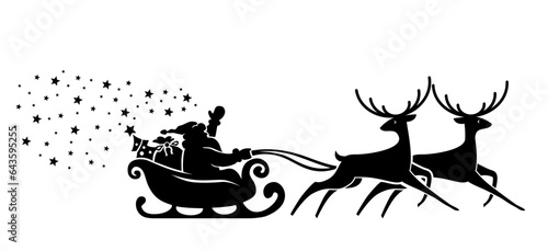 Silhouette of Santa Claus riding in a sleigh with a Christmas tree and gifts pulled by reindeer and scatters holiday stars. Vector on transparent background