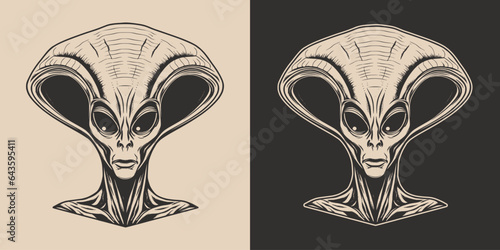 Vintage retro cartoon comics alien ufo creature humanoid person character spooky funny face portrait.. Vector Illustration