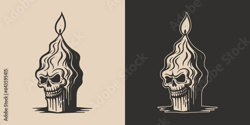 Vintage retro Halloween light candle horror element. Monochrome Graphic Art. Vector. Hand drawn element in engraving. style