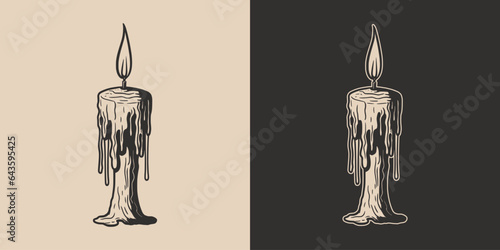 Vintage retro Halloween light candle horror element. Monochrome Graphic Art. Vector. Hand drawn element in engraving. style