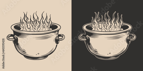 Vintage retro Halloween cauldron pan element . Monochrome Graphic Art. Vector. Hand drawn element in engraving. style