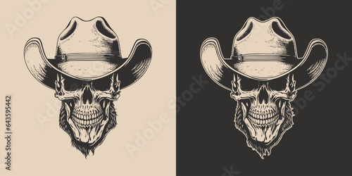 Set of vintage retro scary hipster cawboy skull in hat. Can be used like emblem, logo, badge, label. mark, poster or print. Monochrome Graphic Art. Vector. Hand drawn element in engraving