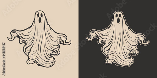 Vintage retro Halloween ghost character cartoon spooky scary horror element. Monochrome Graphic Art. Vector. Hand drawn element