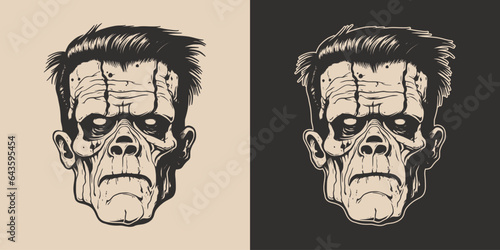 Vintage retro Halloween zombie dead frankenstein character face portrait. spooky scary horror element. Monochrome Graphic Art. Vector. Hand drawn element engraving