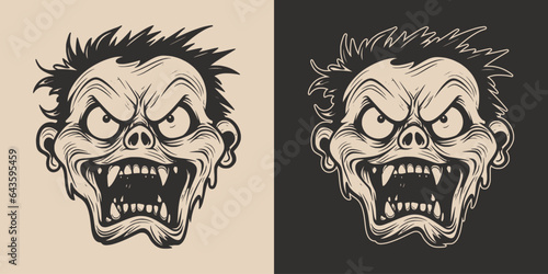 Vintage retro Halloween monster beast spooky scary horror element. Monochrome Graphic Art. Vector. Hand drawn element in engraving. style