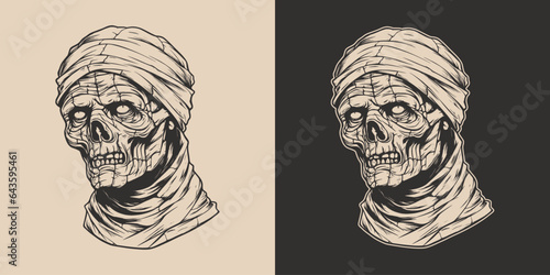 Vintage retro Halloween mummy character face portrait. spooky scary horror element. Monochrome Graphic Art. Vector. Hand drawn