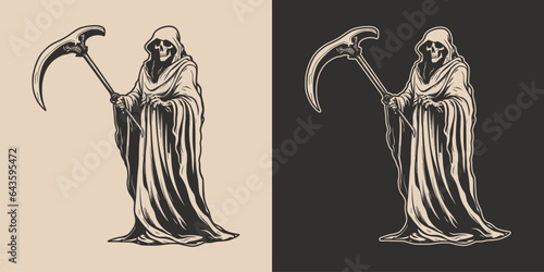Vintage retro Halloween reaper death with scythe scary horror element. Monochrome Graphic Art. Vector. Hand drawn element in engraving. style