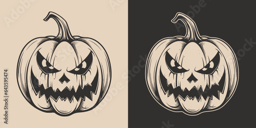 Set of scary spooky boo Halloween pumpkin lantern monster. Traditional autumn october american holiday symbol. Graphic Art. Vector