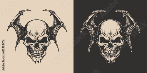 Vintage retro Halloween bat bird skull anatomy head spooky scary horror element. Monochrome Graphic Art. Vector. Hand drawn element engraving.
