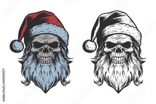 Set of vintage retro tattoo bad scary horror spooky skull skeleton santa claus in hat. Merry christmas xmas new year holiday halloween poster. Graphic Art. Engraving vector style illustration photo