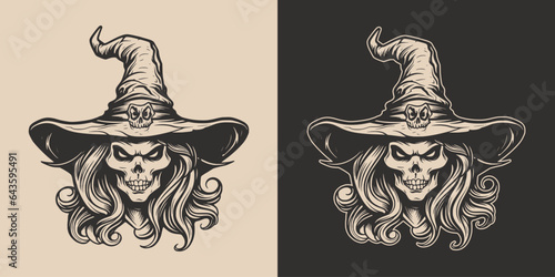 Vintage retro Halloween witch sugar skull girl in hat. Monochrome Graphic Art. Vector. Hand drawn element in engraving. style