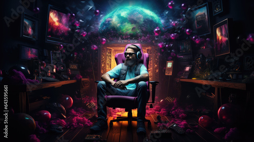 a gamer's room with computers and monitors and neon lights and a gamer is sitting on his chair