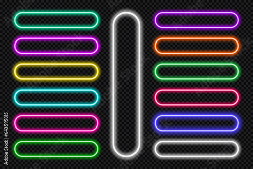 Neon button frames pill set. Glowing coloful rounded rectangle border. Geometric shape action UI elements with copy space. Purple, blue, pink, yellow, green, red color text boxes. Vector illustration.