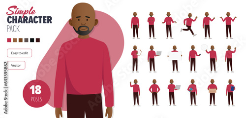Simple flat 2d black male vector character in a set of multiple poses. Easy to edit and isolated on a white background. Modern trendy style character mega pack with lots of poses. 