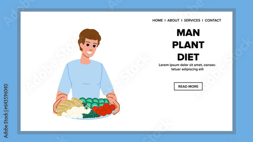 farm man plant diet vector. garden farmer, green organic, harvest box farm man plant diet web flat cartoon illustration